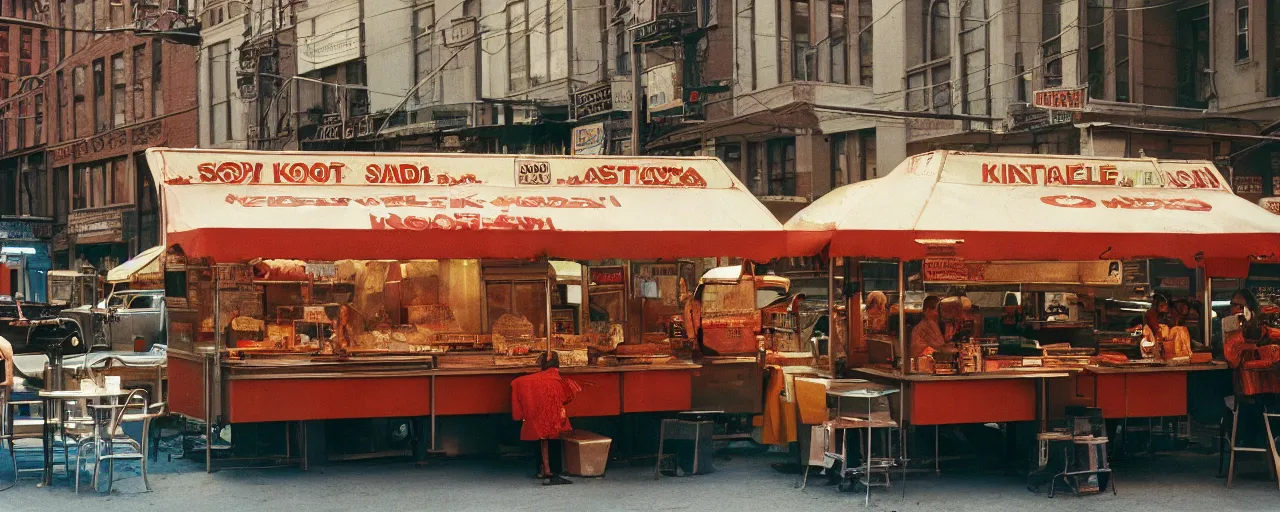 Image similar to medium shot, spaghetti food stand in downtown nyc, kodachrome, in the style of wes anderson, retro