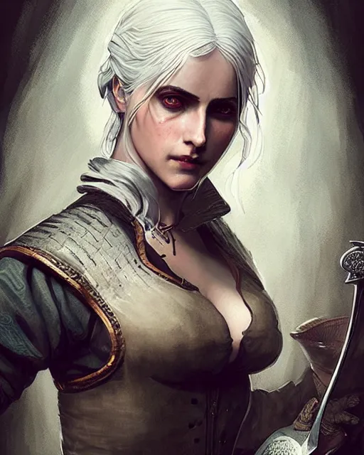 Prompt: Pre-Raphaelite Ciri from Witcher 3 by Artgerm and Greg Rutkowski, full body, intricate, elegant, highly detailed, digital painting, pale