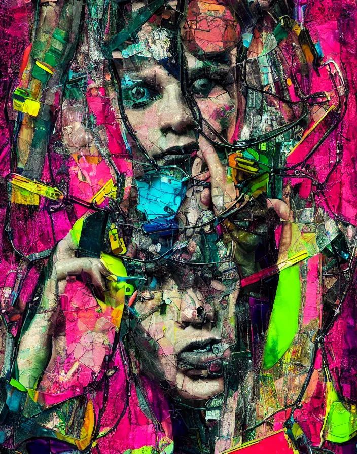 Prompt: she chained in neon chains, digital collage, decoupage, assemblage, photomontage, canvas texture, minimalist, contemporary art, punk art, photorealistic, portrait, expressionism, masterpiece, dynamic composition, spectacular quality, intricate oil details, broken glass