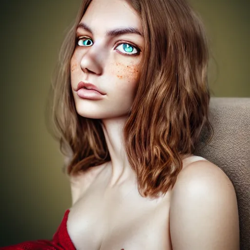 Image similar to intricate crisp portrait of a cute thin young woman, light bronze brown hair, very detailed emerald green eyes, red blush, light freckles, soft smile, casual clothes, relaxing on the couch, home interior, golden hour, close up shot, 8 k, art by irakli nadar, hyperrealism, hyperdetailed, ultra realistic