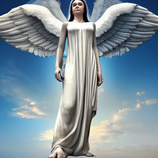 Image similar to gigantic biblical depiction of an angel mixed with a woman, towering over a vast landscape, cinematic, realistic, photorealistic, detailed, white body, global illumination, volumetric lighting, 8 k, beautiful, majestic clouds