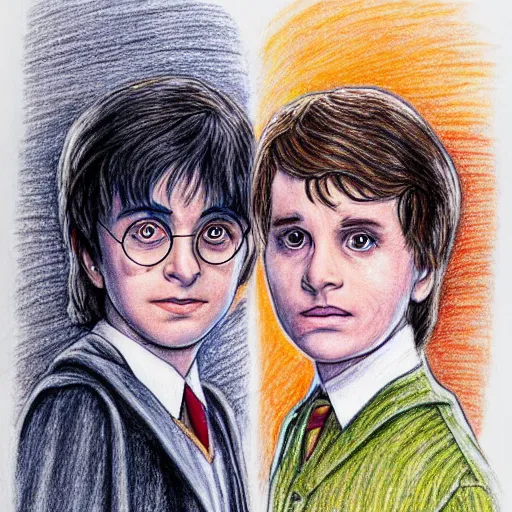 Image similar to coloured pencil drawing of charachters from harry potter looking at each other, trending