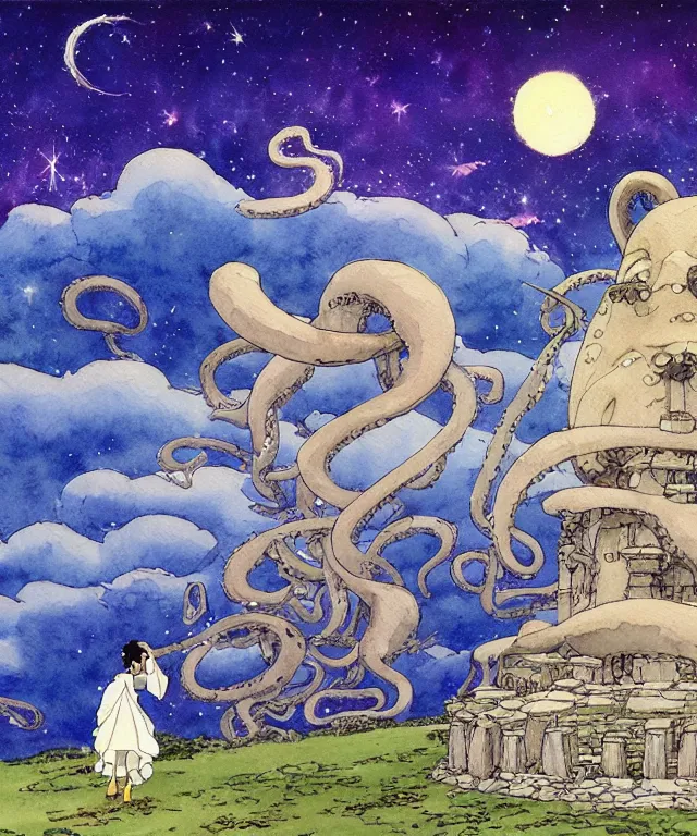 Image similar to a hyperrealist studio ghibli watercolor fantasy concept art. in the foreground is a giant grey octopus sitting in lotus position on top of stonehenge with shooting stars all over the sky in the background. by rebecca guay, michael kaluta, charles vess