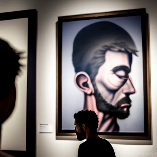 Image similar to A man staring at a painting of himself staring back. Modern art gallery. Wide angle. Photorealistic. Dramatic lighting. Award winning photography. 35mm photograph.