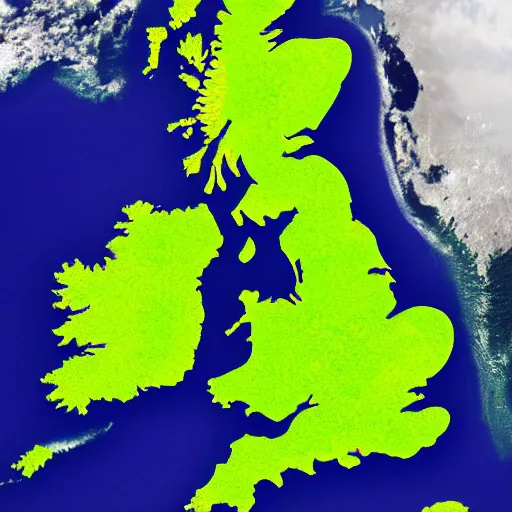 Image similar to map of the uk from space after climate change has destroyed the planet