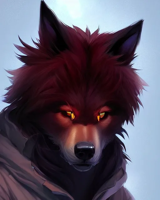 Image similar to character concept art of a black anthropomorphic furry male wolf long red hair | | cute - fine - face, pretty face, key visual, realistic shaded perfect face, fine details by stanley artgerm lau, wlop, rossdraws, james jean, andrei riabovitchev, marc simonetti, and sakimichan, trending on artstation