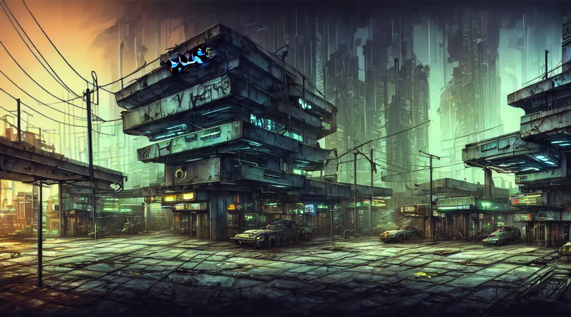 Image similar to post apocalyptic cyberpunk police station, building, avenue, urban architecture, americana architecture, concrete architecture, cloudy sky, paved roads, by guido borelli, by boris vallejo trending on artstation, photorealistic, wild vegetation, utopian, futuristic, blade runner, vivid colors scheme, neon signs, sharp, clear, focus