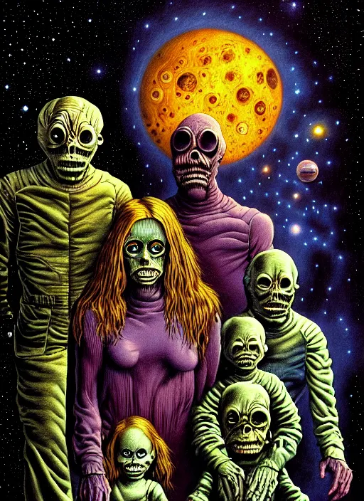 Image similar to detailed image of a creepy family in the deep space by richard corben, rich deep colors. masterpiece . intricate artwork, cinematic, hyper realism, high detail, unreal engine, 8k, Smooth gradients, High contrast, depth of field, very coherent symmetrical artwork. clean ink detailed line drawing, intricate detail, extremely detailed.