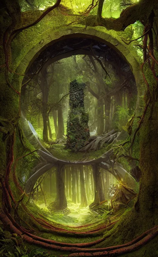 Image similar to the portal in the forest other world inside portal in the style of Roger Dean and beeple, 35mm, photo realistic, epic, cinematic