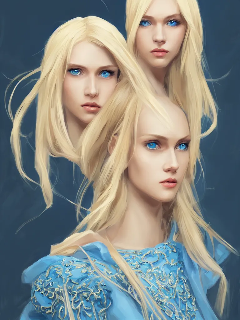 Prompt: A beautiful blonde Slavic woman in her early 30’s, highly detailed full body, beautiful blue eyes, detailed, wearing fancy clothes, highly detailed figure, epic composition, ultra wide-shot, dynamic pose, concept art, beautifully lit, digital painting, smooth, desaturated color theme, character design, sharp focus, elegant, intricate, post processing, artstation, by WLOP, James Jean, Victo Ngai, ryohei hase