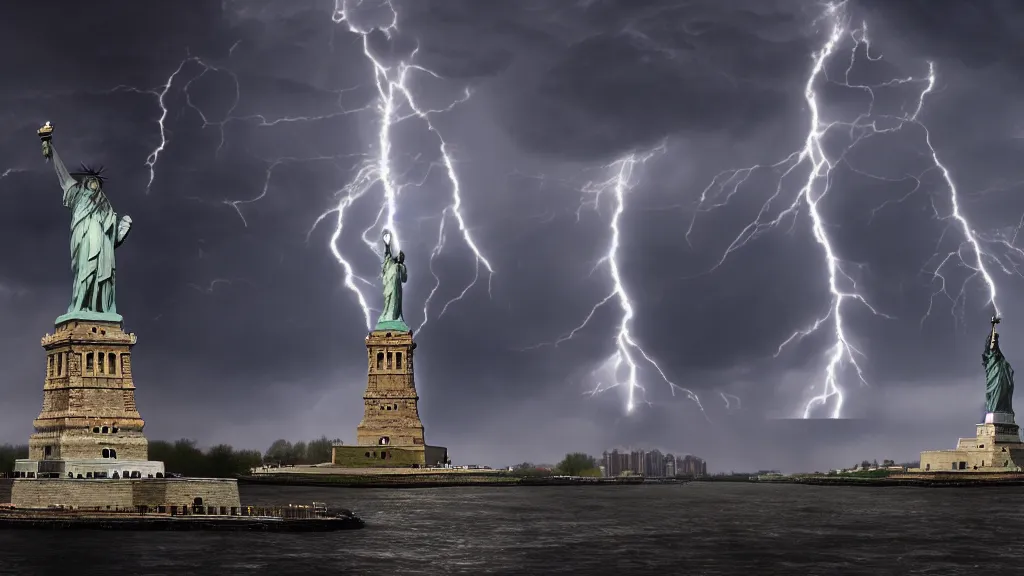 Image similar to elder god standing over destroyed statue of liberty, lightning, storms, volumetric lightning by eugene von guerard, ivan shishkin, dramatic lighting, concept art, trending on artstation, 8 k