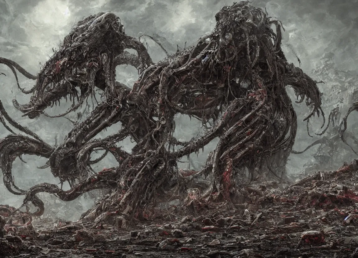 Prompt: Giant tentacle fanged monster flying in the road of the ruined city. Drops of blood and meat with veins on the road. Ruins. Dark colors, high detail, hyperrealism, horror art, 8k, concept art, intricate details, octane render, masterpiece, art by Ayami Kojima, Beksinski, Giger