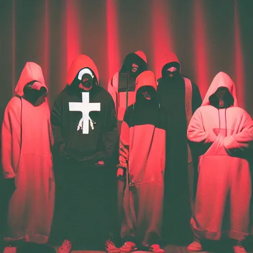 Prompt: five rappers in balaclavas, hoodies, and domino masks stand close together in chiaroscuro lighting. one of them is crucified on a brightly lit cross. blurry photo. bloody red logo on top