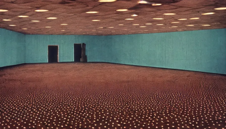 Prompt: 70s movie still of a man with trypophobia deep mouth in an empty soviet ballroom, eastmancolor, heavy grain, high quality, higly detailed, liminal space