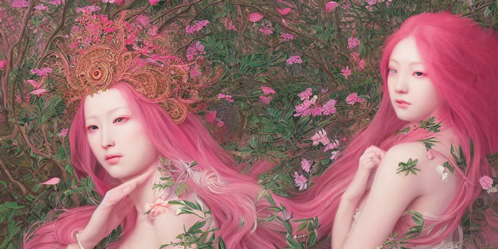 Image similar to breathtaking detailed concept art painting of the goddess of flamingo with pink hair, orthodox saint, with anxious, piercing eyes, ornate background, amalgamation of leaves and flowers, by Hsiao-Ron Cheng and John James Audubon and Miho Hirano, extremely moody lighting, 8K