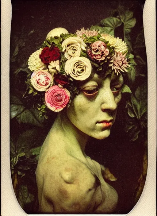 Prompt: beautiful and detailed rotten woman made of plants and many types of stylized flowers like carnation, chrysanthemum, roses and tulips, ornamentation, rococo, intricate, surreal, john constable, guy denning, gustave courbet, caravaggio, romero ressendi 1 9 1 0 polaroid photo