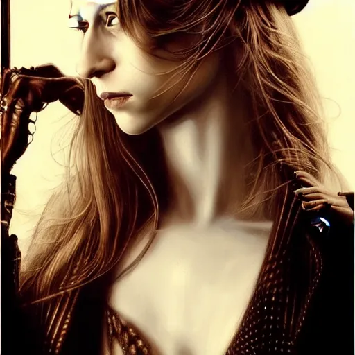 Image similar to in the style of rob hefferan, beautiful taissa farmiga, steampunk, elegant pose, middle shot waist up, symmetrical face symmetrical eyes, cinematic lighting, detailed realistic eyes, short neck, insanely detailed and intricate elegant