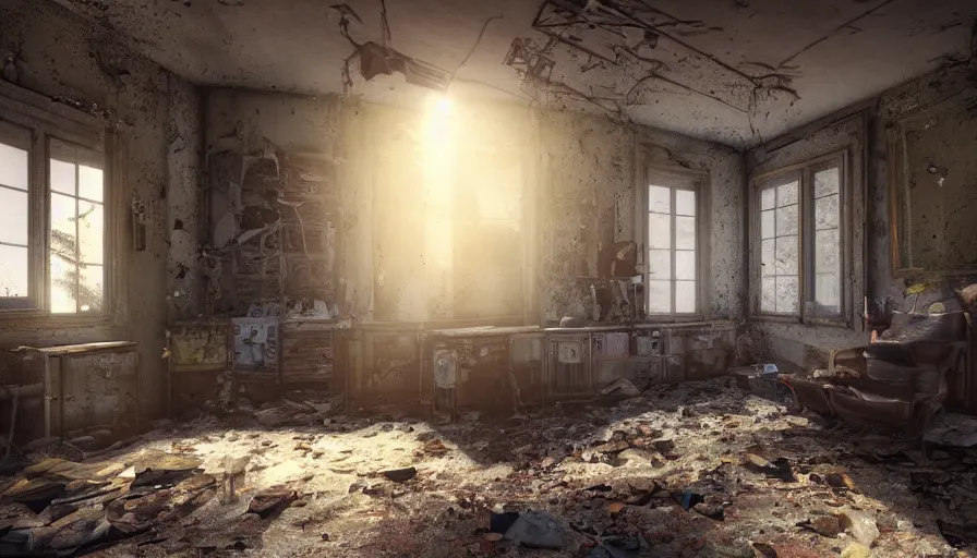 Prompt: abandoned 2 0's house with sunlight coming through old dusty windows, collapsed ceiling, dirt, old furnitures, hyperdetailed, artstation, cgsociety, 8 k