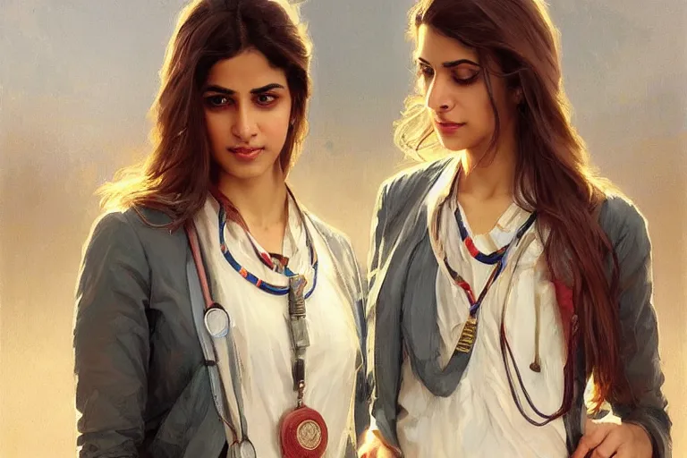 Image similar to Anxious good looking pale young Indian doctors wearing American clothes at the airport, portrait, elegant, intricate, digital painting, artstation, concept art, smooth, sharp focus, illustration, art by artgerm and greg rutkowski and alphonse mucha