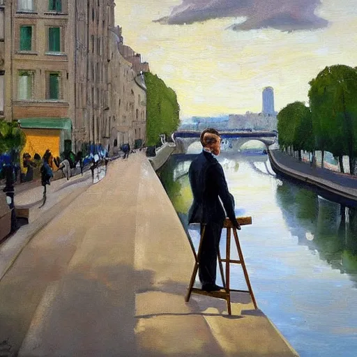 Image similar to mcgregor is dressed as a gentleman at early 2 0 th century paris. he is watching an easel. that easel has a canvas on it. ewan mcgregor has a brush on his hand. he is painting a painting. realistic painting with strong outlines. background has river seine, morning sun, dark clouds, by jack kirby