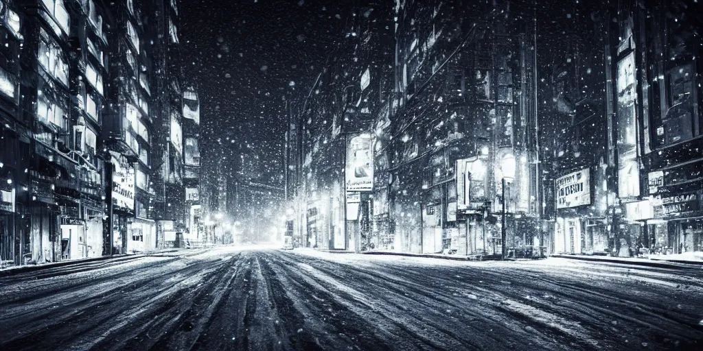 Prompt: a city street at night, snowing, photograph, cyberpunk, sharp focus, intricate detail, Desolate, drone shot,