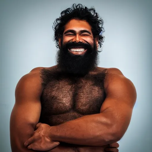 Prompt: brown skin man with a giant grin, thick black beard, wild black hair, bulging muscles, shiny plain bronze metal armour. digital photography. vivid colours. - 1 1 6 0 2 9 4 6 9 0