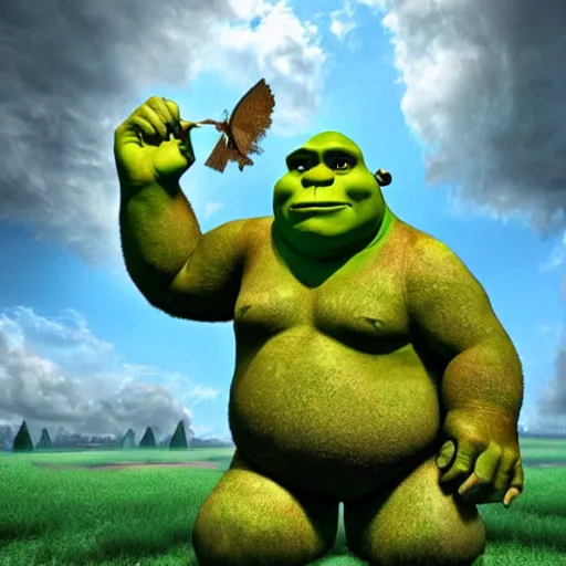 Prompt: giant shrek with wings, thunderstorm, swamp, realism, flying fairies, hot summer chill