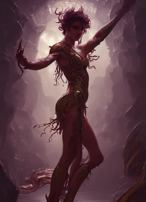 Prompt: dancer of the underworld, d & d, wet, shiny, fantasy, intricate, elegant, higly detailed, ultra definition, digital painting, artstation, unreal engine rendered, concept art, smooth, sharp focus, illustration, art by artgerm and greg rutkowski and alphonse mucha and garis edelweiss