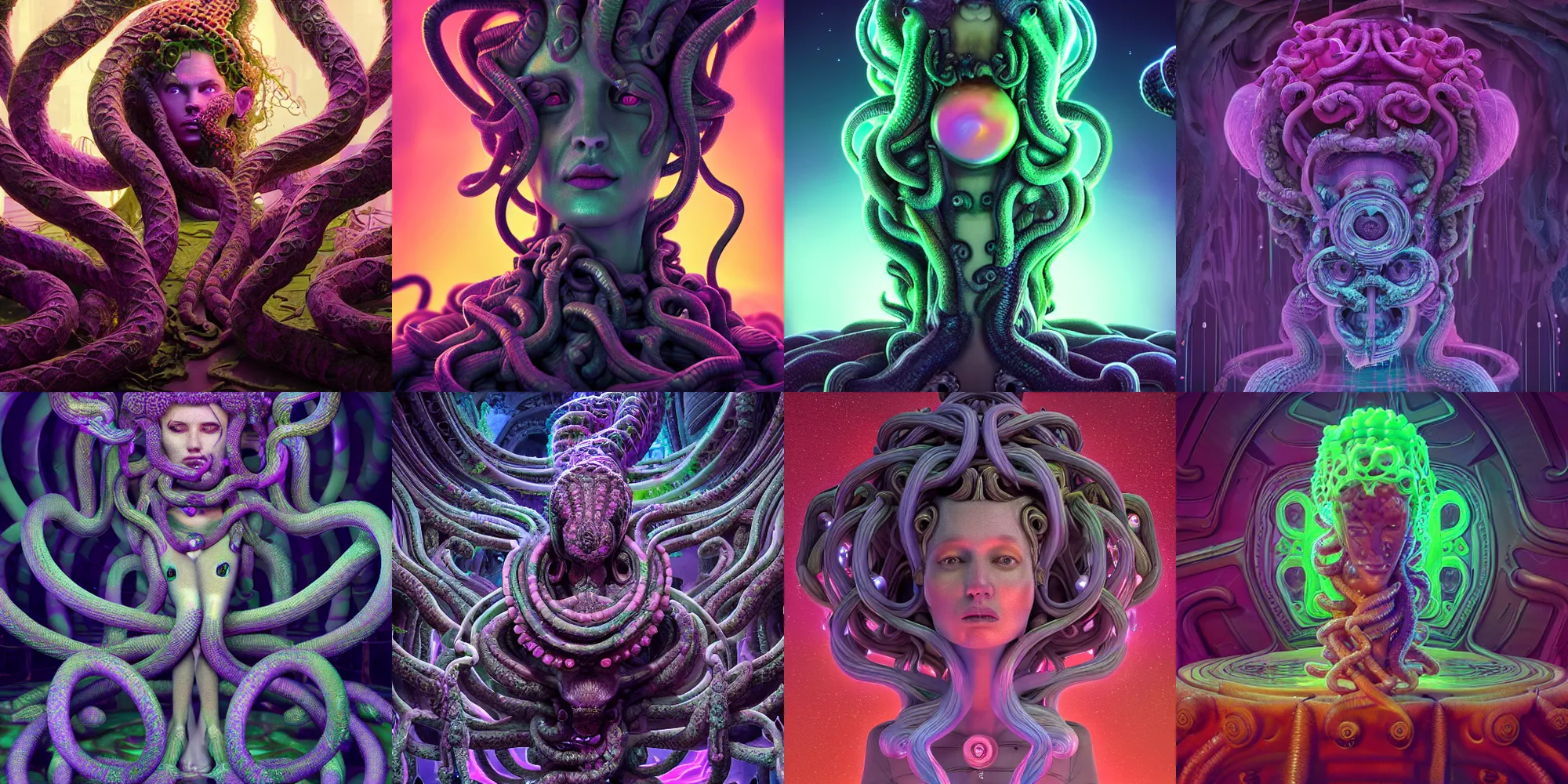 Prompt: beautiful medusa gorgon, cosmic horror, abstract, ghostly, arcade, duotone, poltergeist, epic lighting, intricate, elegant, highly detailed, smooth, sharp focus, unreal engine 5, raytracing, in the style of beeple and mike winkelmann, ultraviolet colors,