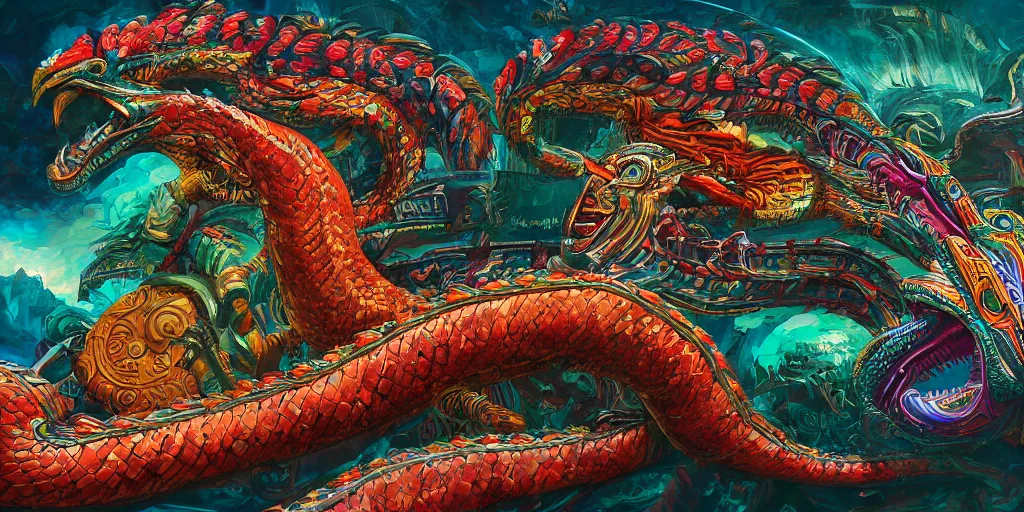 Image similar to Quetzalcoatl  the feathered serpent or plumed serpent is the Feathered-Serpent deity of ancient Mesoamerica by Liam Wong and Boris Vallejo