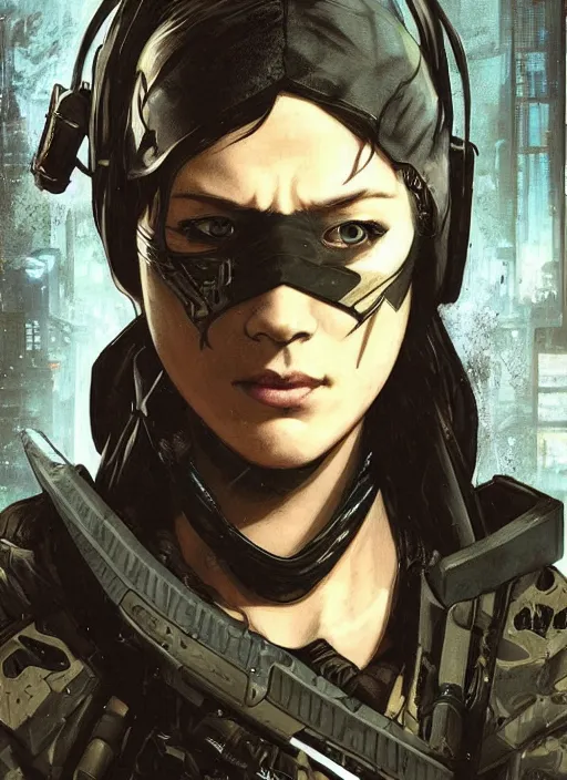 Image similar to cyberpunk blackops ninja. night vision. katana. portrait by ashley wood and alphonse mucha and laurie greasley and josan gonzalez and james gurney. spliner cell, apex legends, rb 6 s, hl 2, d & d, cyberpunk 2 0 7 7. realistic face. dystopian setting.