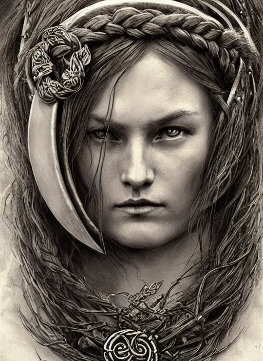 Prompt: viking maiden wearing a wreath and a cloak, long beautiful braided hair, engraving, concept art, elden ring, illustration, smooth, sharp focus, by gustave dore and greg rutkowski, hyper realistic face, piercing beautiful eyes, fantasy art, in the style of midjourney, intricate, alphonse mucha, hyper detailed