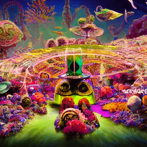 Prompt: a centered render of intricate modular synthesizer of alice in wonderland, shining its light across a tumultuous sea of flowers, undersea animals and crystal church, robots by dorothea tanning and salvador dali, trending on artstation, cyber punk, octane render, high detailed, human : - 2, blur : - 2, depth of field : - 2, - n 4