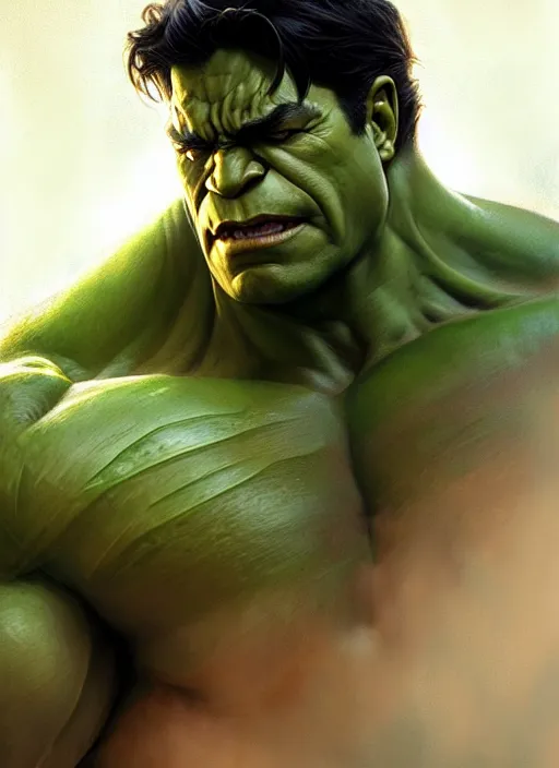 Image similar to Portrait of The Hulk, D&D, muscular, fantasy, intricate, elegant, highly detailed, digital painting, artstation, concept art, smooth, sharp focus, illustration, art by artgerm and greg rutkowski and alphonse mucha