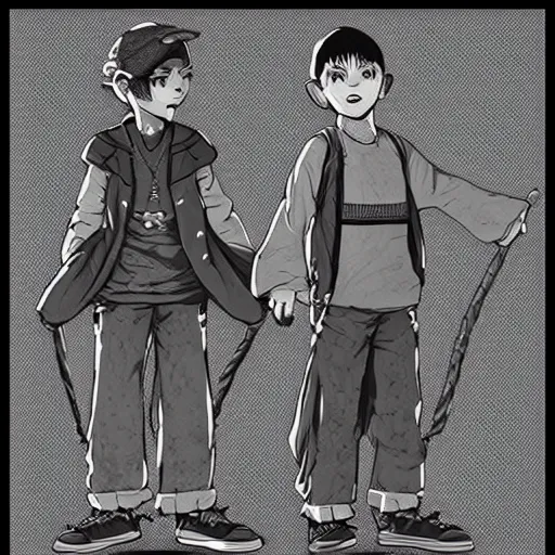 Image similar to rpg character concept art, twin brothers being cute and gangsta, intricate detail, in the style of jamie hewlett kawase hasui riyoko ikeda, 3 d render, artstation trending, 8 k, octane render, photorealistic, sharp detail, manga, black and white