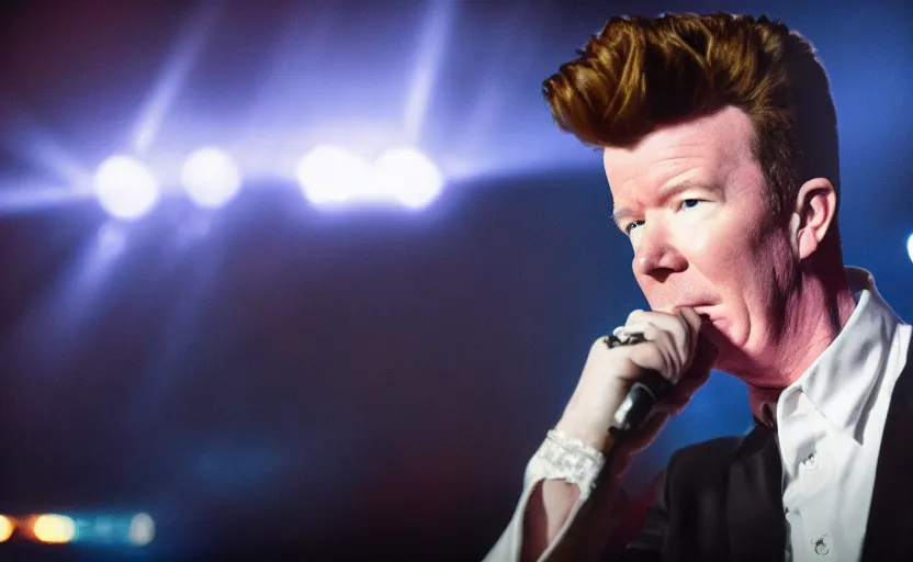 Prompt: photo of rick astley giving up, dramatic blue dark lighting, ultra detailed, movie frame, cinematical composition, 4 k, really sad