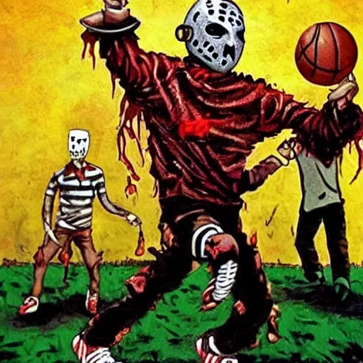 Prompt: Freddy Krueger playing basketball with Jason Voorhees