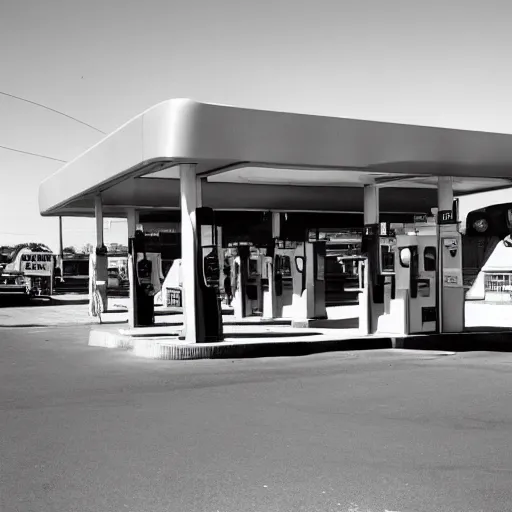 Prompt: a gas station in the 50s, vaporware