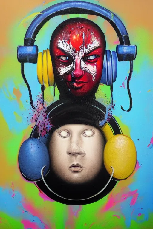 Image similar to hyperrealism surrealism acrylic painting, aerosol splashes on paper, close - up portrait of bowling ball - man with big headphones and a mime sweater art by jeff soto