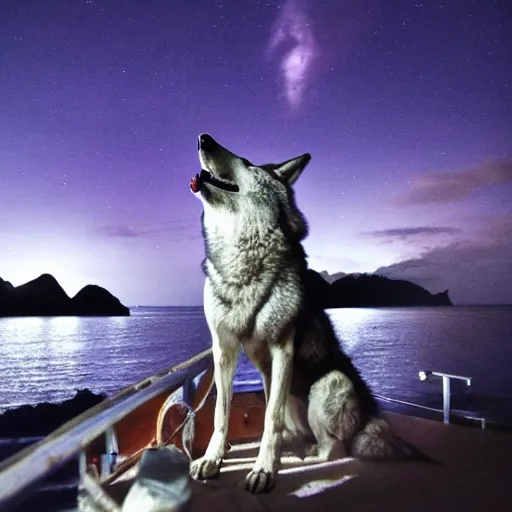 Prompt: a wolf barking on a ships bow during night with purple sky in fernando de noronha