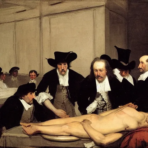 Prompt: The Anatomy Lesson of Dr. Nicolaes Tulp, by Francisco Goya and August Friedrich Schenck