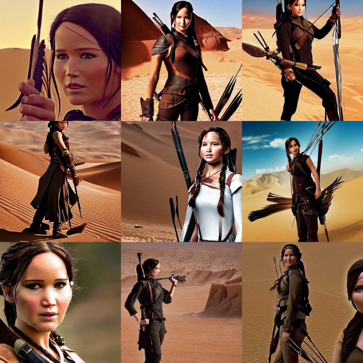 Prompt: katniss everdeen as a bedouin in the sahara desert