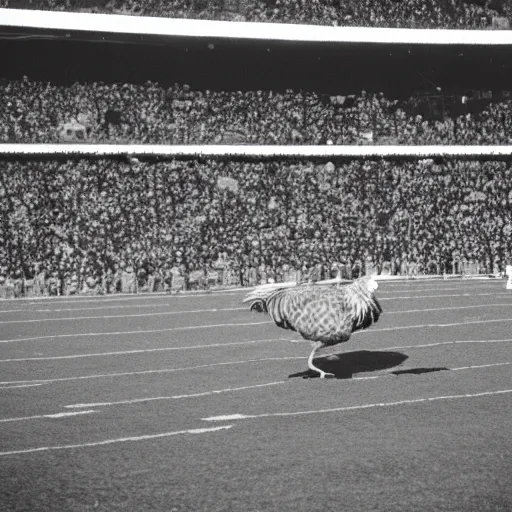 Prompt: the famous funky chicken runs across a football field, interrupting the big game, 3 5 mm