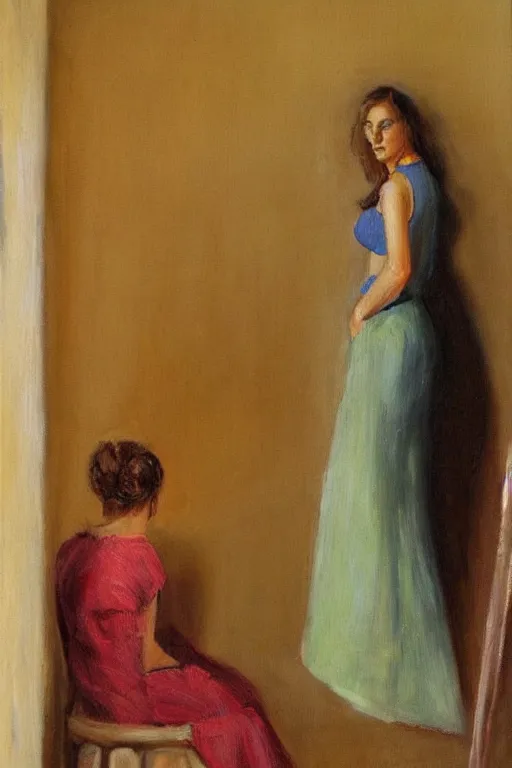 Image similar to oil painting, long view, hight detailed, woman sits in corner of empty room and look in the corner, back view, in style of neodada