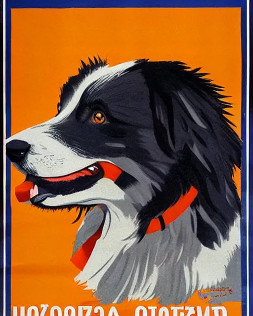 Prompt: soviet propaganda poster of an australian shepherd, soviet art