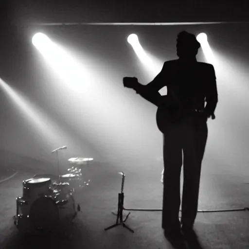 Image similar to a still of Elvis silhouette backstage waiting to play. God rays through, fog.