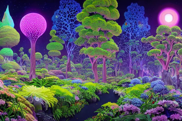 Image similar to a cosmic garden with glowing trees, flowers and plants by paolo eleuteri serpieri and tomer hanuka and chesley bonestell and daniel merriam and tomokazu matsuyama and makoto shinkai, clearly defined outlines, unreal engine, high resolution render, featured on artstation, octane, 8 k, highly intricate details, vivid colors