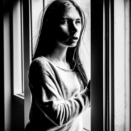 Image similar to black and white photography of highly detailed beautiful depressed Woman with detailed face in the heroine chique style standing by the window, vintage, natural light, sigma 24 f2.8