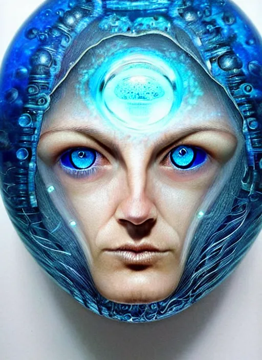 Prompt: biopunk alien portrait by julie bell, fish skin, intricate biopunk patterns, ethereal hair, mesmerizing blue eyes, glass bubble helmet, escaping air bubbles, underwater, detailed!, very sharp!!!