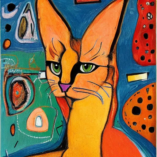 Image similar to a painting of cute caracal from futurama by graham sutherland, egon schiele, gustav klimt, joan miro, basquiat, expressionism